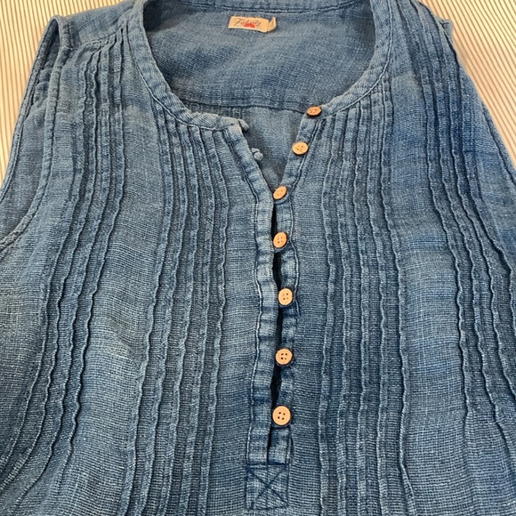 Faherty Isha 100% linen dress blue pin tucks, buttons size L - Picture 6 of 9